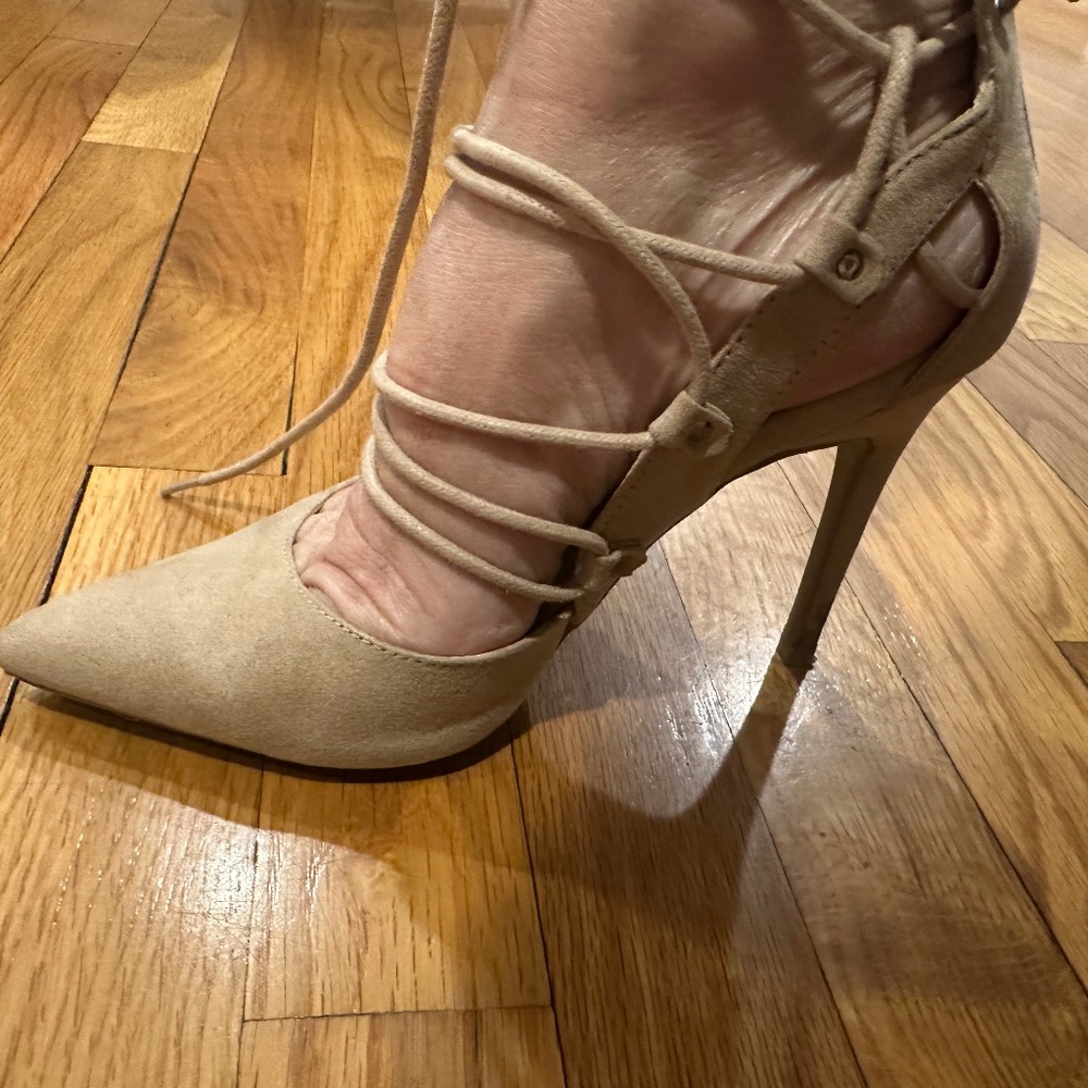 Wild Diva Beige Suede Lace-Up Stiletto Pumps - Size 6